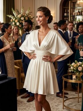 Mac Duggal style 26605 pure solid White V-Neck Mini Dress silk bridal sz 12 NWT